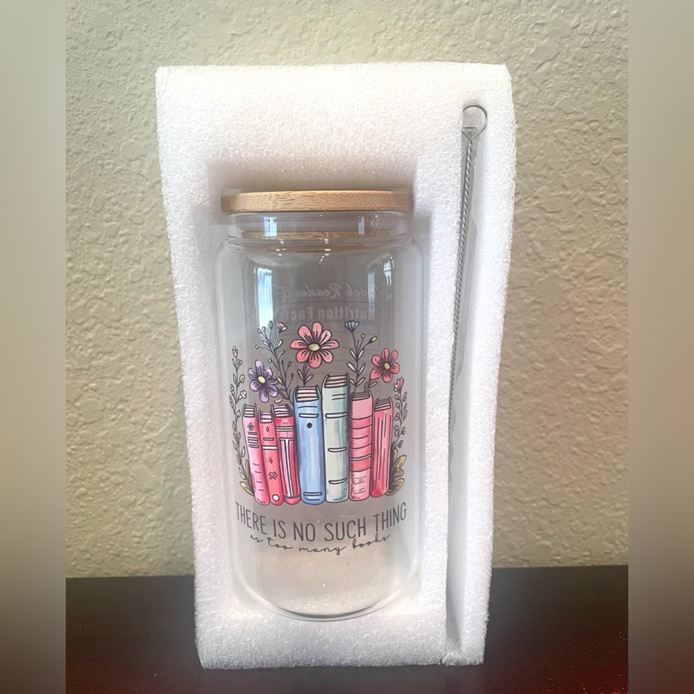 Floral Book Design Glass Tumbler with Straw